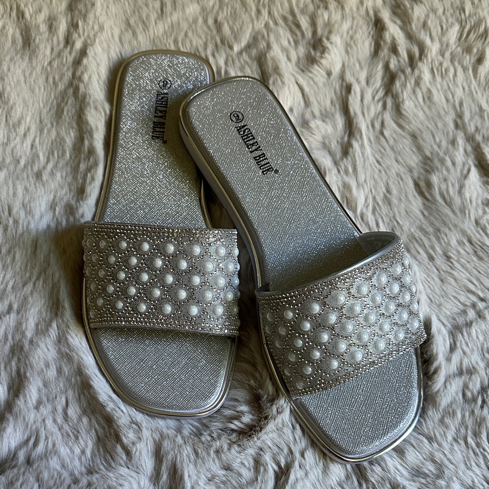 Ashley Blue Metallic Sandals with Pearl Accents